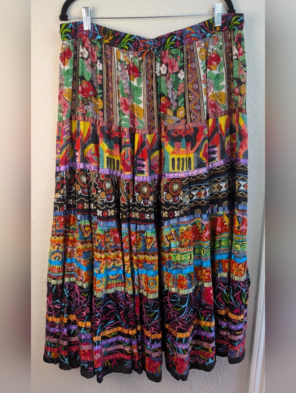 Anu By Natural Maxi Peasant Skirt 3X Patchwork Ribbon Flowy 100% Cotton Fairy